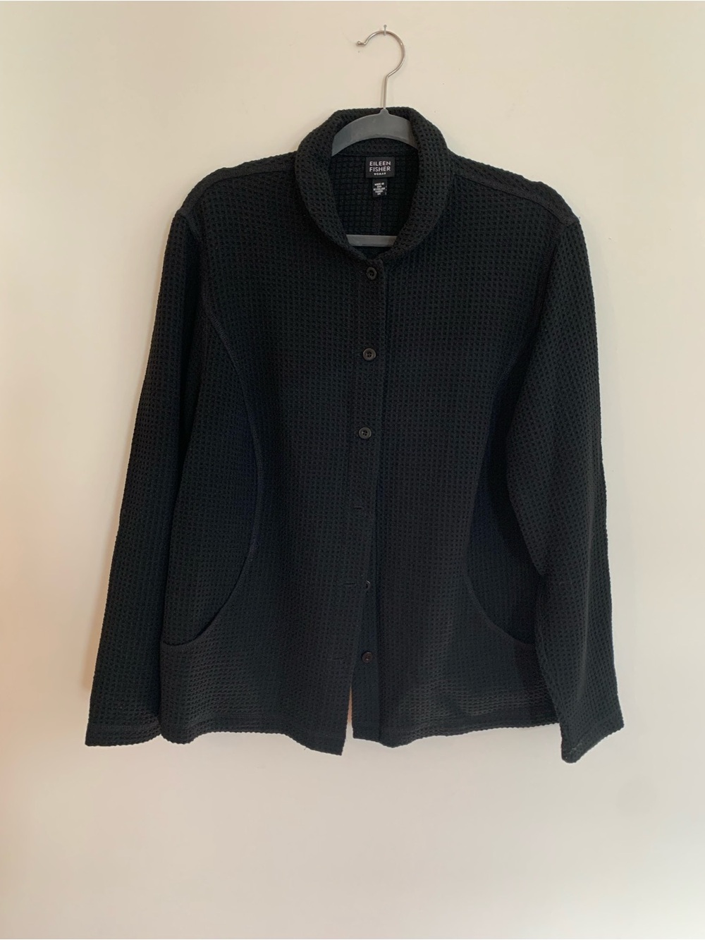 Eileen Fisher Black Waffle-Knit Button Up Sweater Jacket